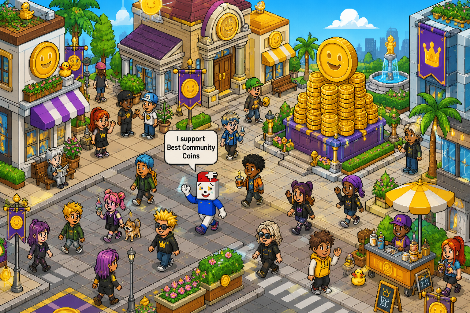 Bright pixel-art Best Community Coins city