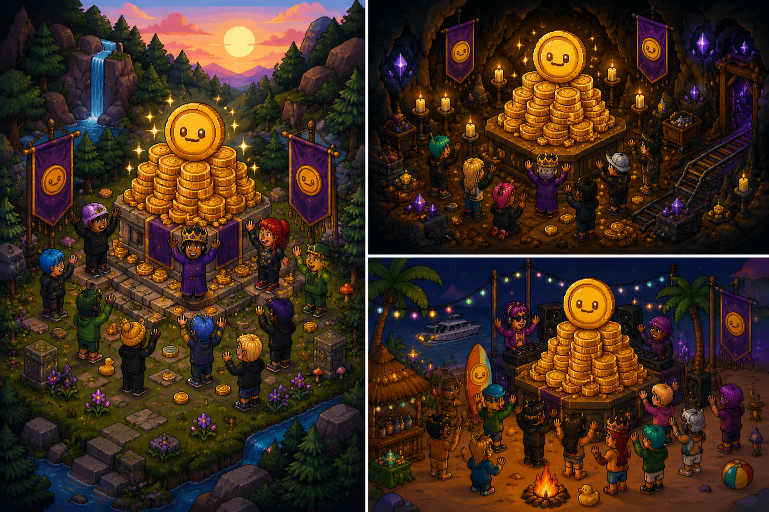 Three pixel-art scenes showing BCC gatherings