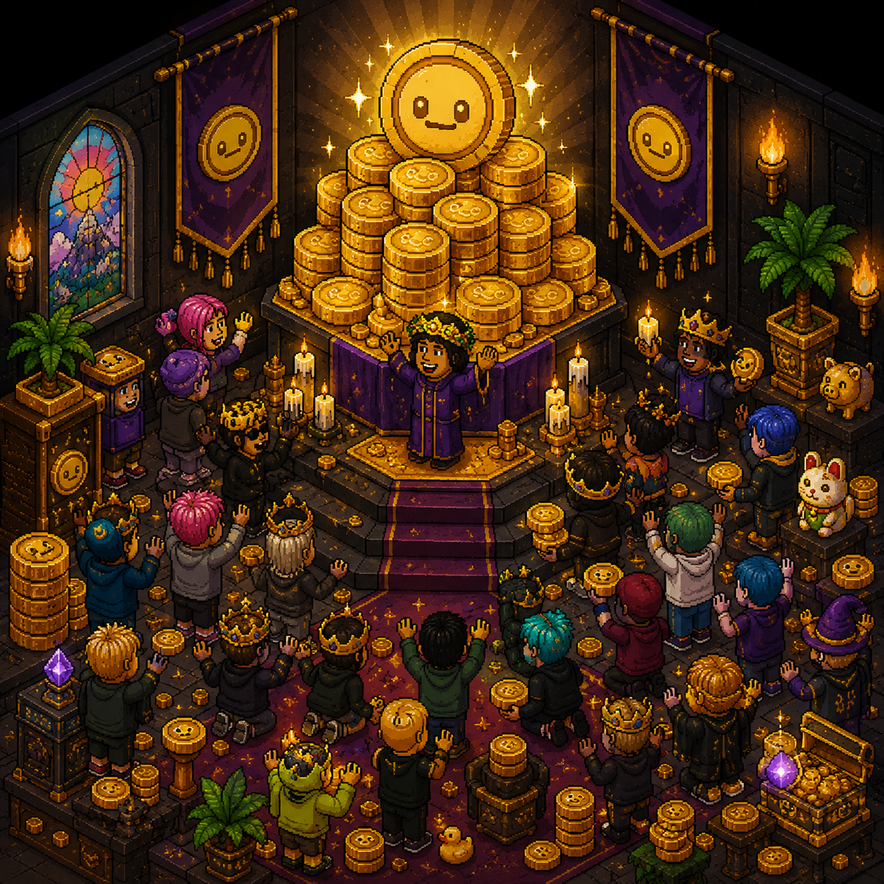 Pixel-art BCC community gathering around a golden coin monument